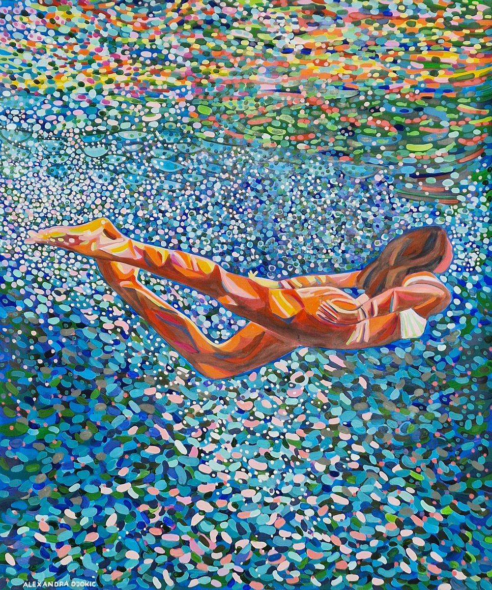 Impressionistic Portrait Acrylic Painting By Alexandra Djokic, 43 X 51, Underwater Blue Pink, Original Artwork