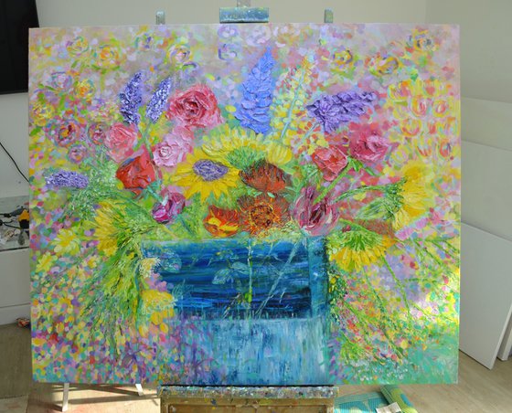 Sunflowers,Stocks and Roses Oil Painting