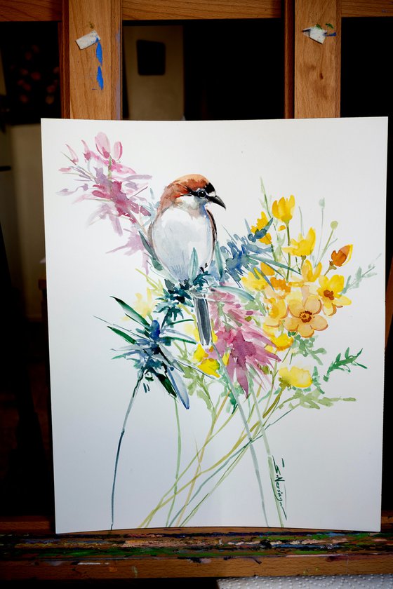 Woodchat Shrike Bird and Wild Flowers