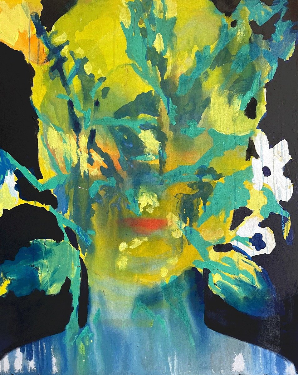 Abstract Portrait Painting By Gela Mikava, 31 X 39, Man In Flowers, Original Artwork