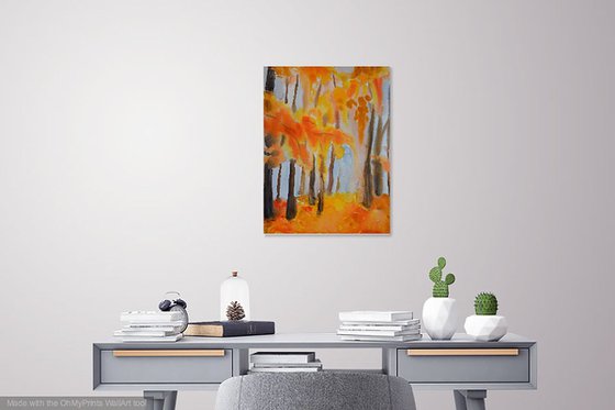 Watercolor painting Golden autumn forest