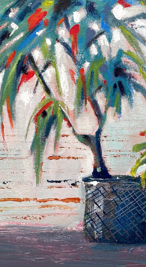 Palmtree on the windowsill - gouache painting by Anna Boginskaia