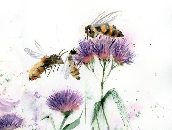 Bees Frolicking in Wildflower Paradise  -  Original Watercolor Painting