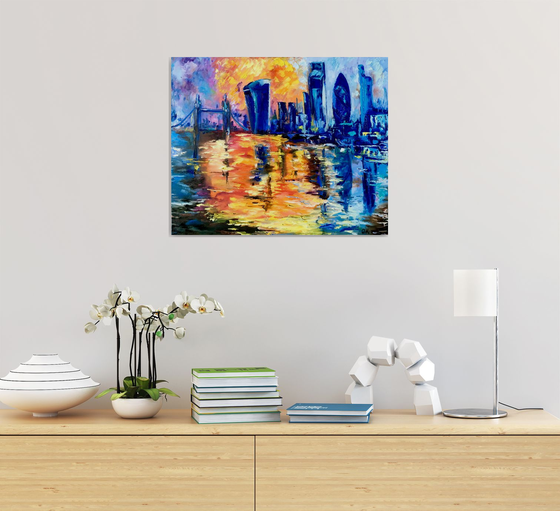 London city, Abstract sunset  variations of blue colors: ultramarine, navy blue, turquoise, sky blue, cobalt, palette knife original artwork.