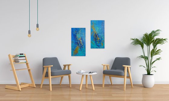 Large Blue and Gold Abstract Textured Painting. Modern Art on Canvas with Structures. Dyptych