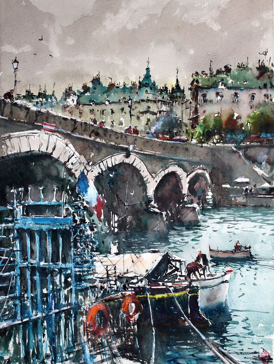 Impressionistic Cityscapes Watercolour By Maximo Damico, 11 X 15", The Blu Gate On The Seine, Original Artwork