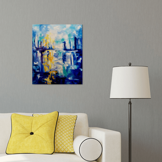 Abstract Blue Dream city, variations of blue colours: ultramarine, navy blue, turquoise, sky blue, cobalt, palette knife original artwork.