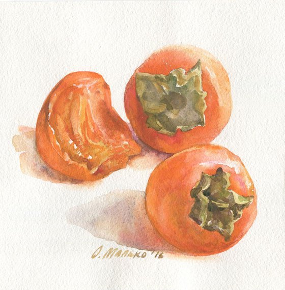 Persimmons. Kitchen still life Orange fruits Bathroom decor Watercolor painting Dining room wall art