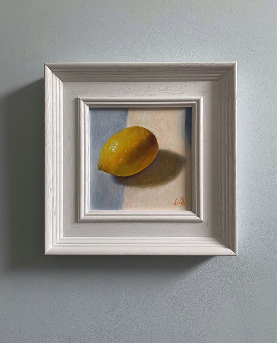 Lemon Still Life original oil realism painting, with wooden frame.