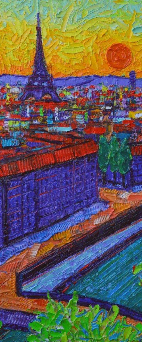 VIBRANT PARIS AT DUSK view from Notre Dame tower contemporary impressionism abstract cityscape impasto palette knife oil painting by ANA MARIA EDULESCU