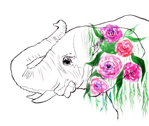 Elephant with flowers by Luba Ostroushko