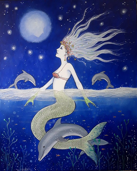 The Mermaid and the Moon - Mermaid - Sea Goddess - Dolphins - Mystical Art