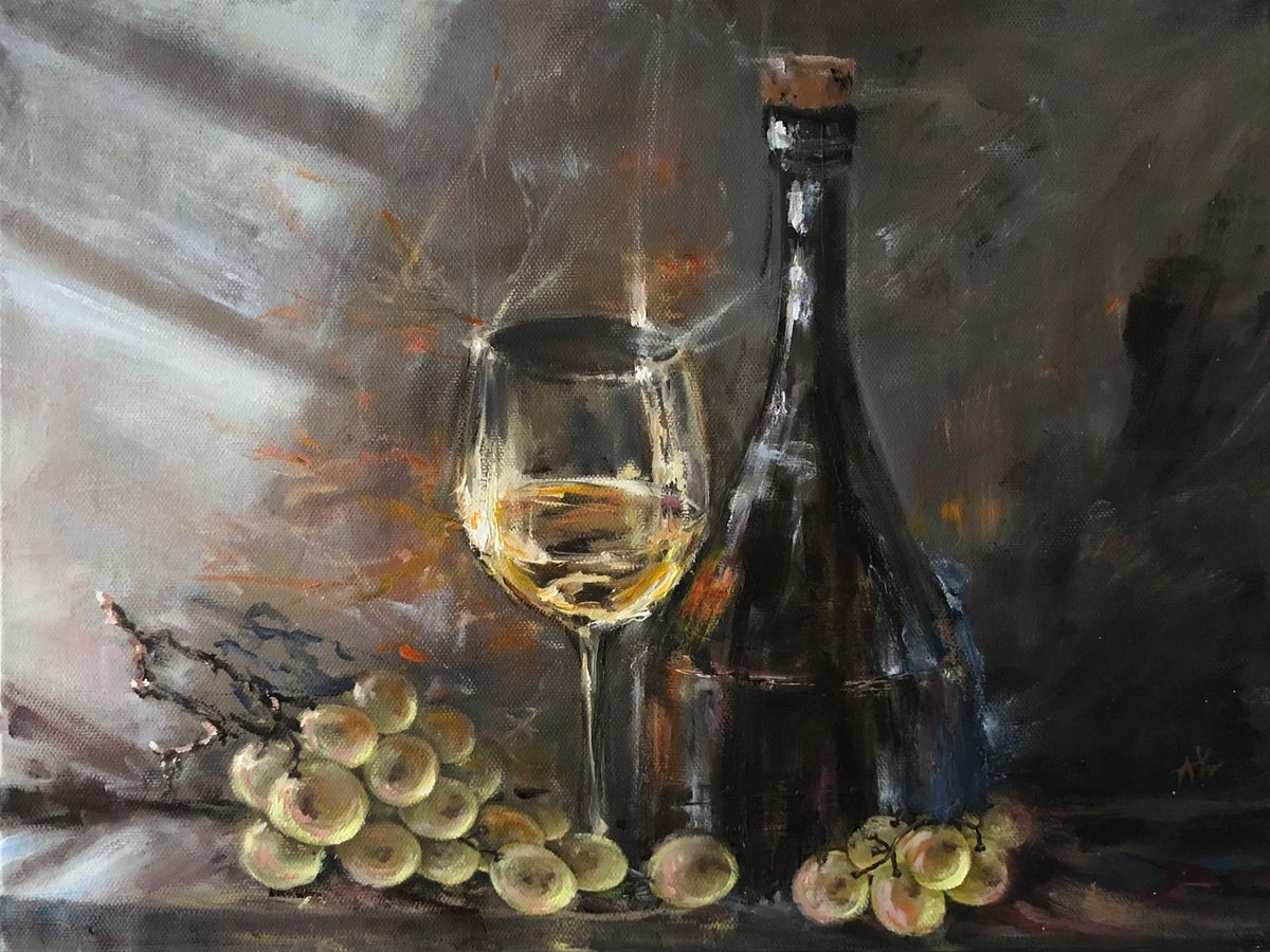 Photorealistic Still Life Oil Painting By Alesia Yeremeyeva, 13 X 17, Wine And Grapes, Original Artwork