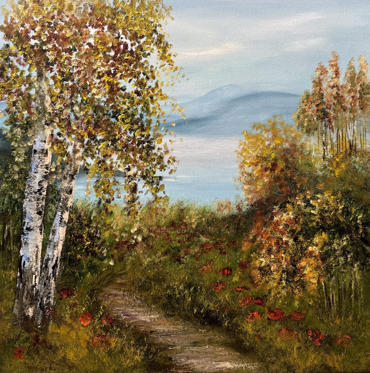 Impressionistic Landscape Oil Painting By Tanja Frost, 16 X 16", Golden Transition, Original Artwork