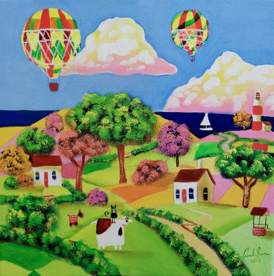 Cow and sheep whimsical naive art.