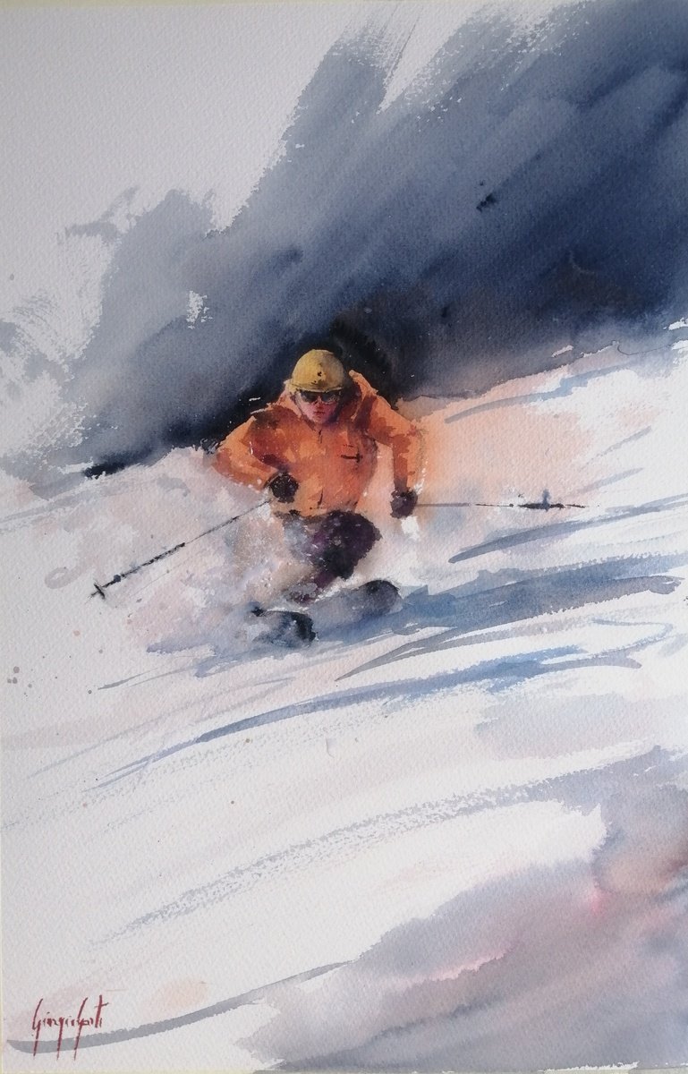 Impressionistic Watercolour , The Skier 14 By Giorgio Gosti, 14 X 21, Artwork For Sale On Artfinder