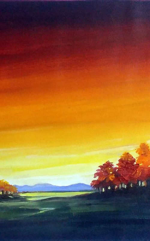 Autumn Sunset - Acrylic on Canvas Painting by Samiran Sarkar