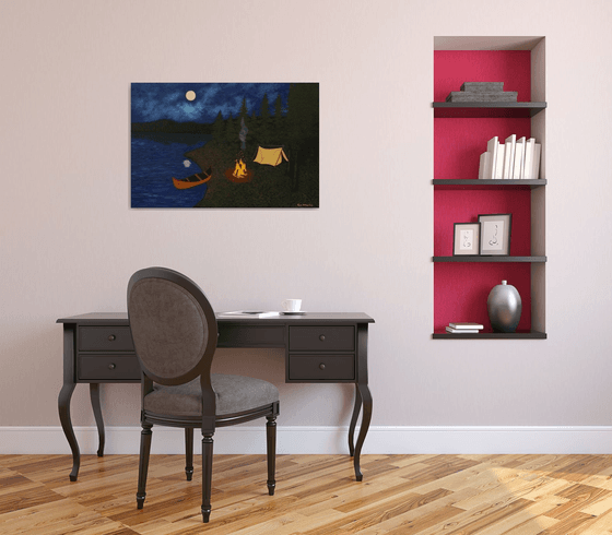 Under the Moonlight - nightscape campfire painting; home, office decor; gift ideas