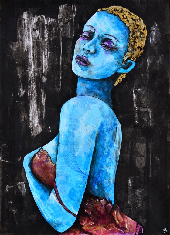 Blue Girl - Vibrations Mixed Media Original Romantic Modern Portrait Art Painting
