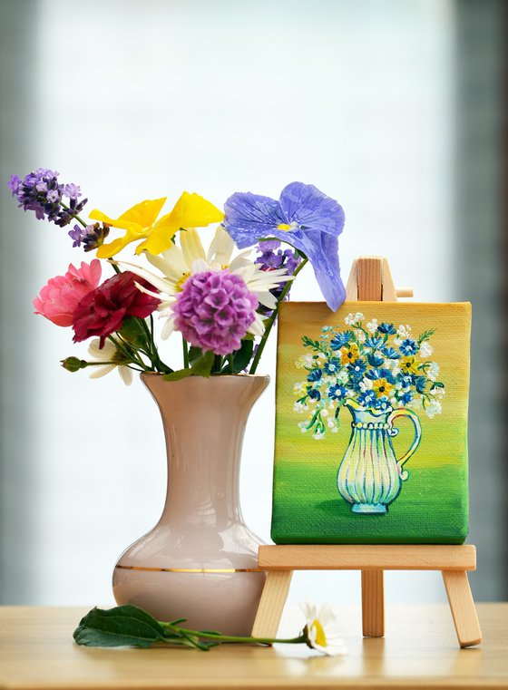 Flowers in White Vase, Original Miniature acrylic painting, Still Life N1