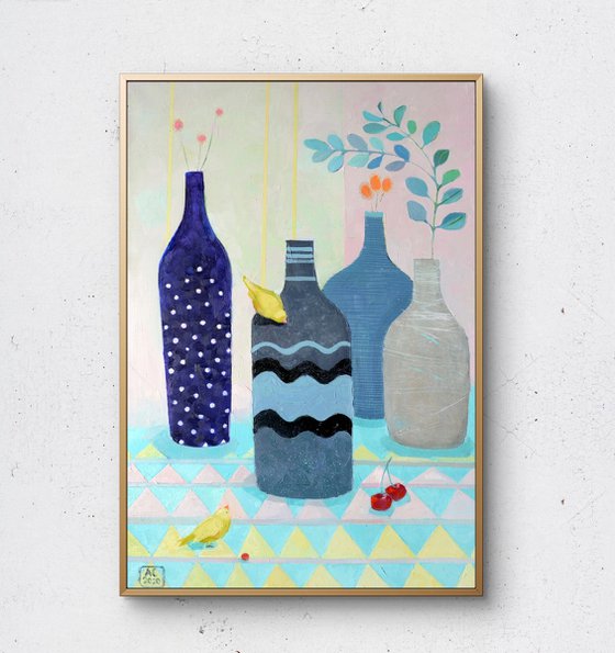 Still life with blue bottles