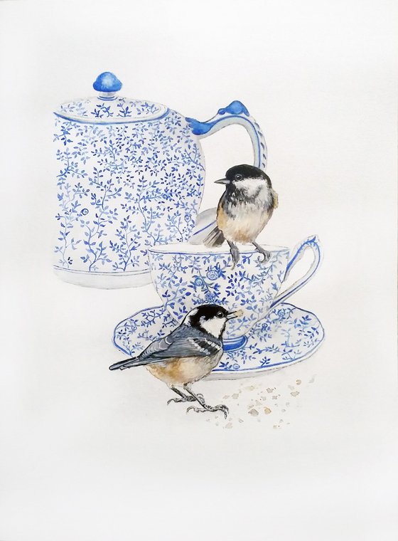 Oh crumbs ( Blue and white China tea set and birds watercolour painting )