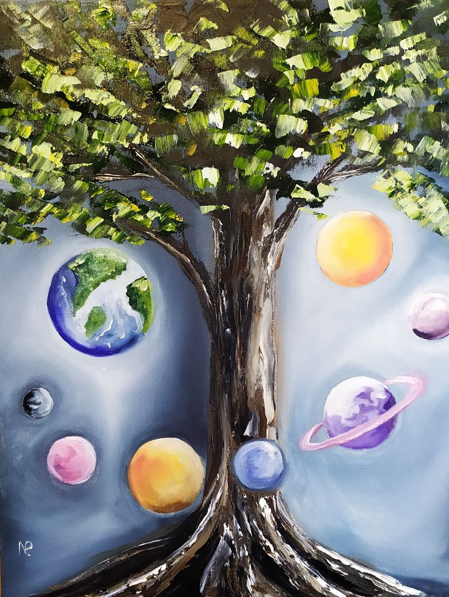 Templar tree, original surreal oil painting, planets art, gift idea by Nataliia Plakhotnyk