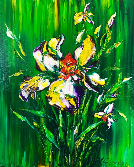 ROYAL IRIS - White irises. Bright green background. Summer flowers. Abstract bouquet. Gentle. Fresh. Wonderful.