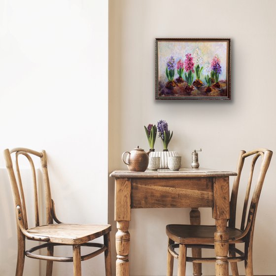 Flowers oil painting - Floral original artwork - Hyacinths framed canvas - Gift idea for woman