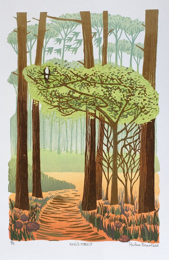 King’s Forest. Original handmade linocut. Limited edition reduction linoprint. Helen Maxfield.