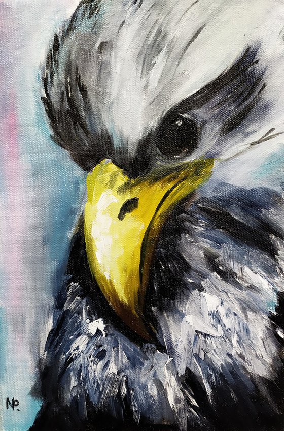 Young eagle, original bird small oil painting, gift idea, art for home