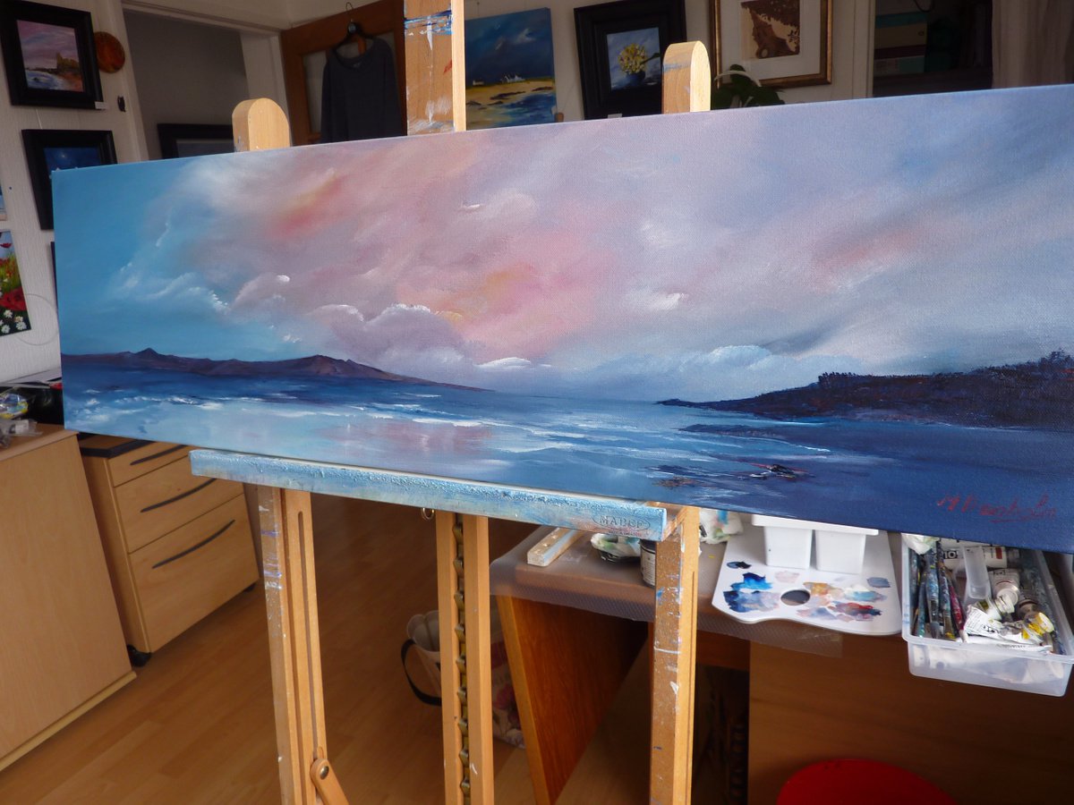 Impressionistic Landscape Acrylic Painting By Margaret Denholm, 40 X 12", Summer Sky Reflections, Original Artwork