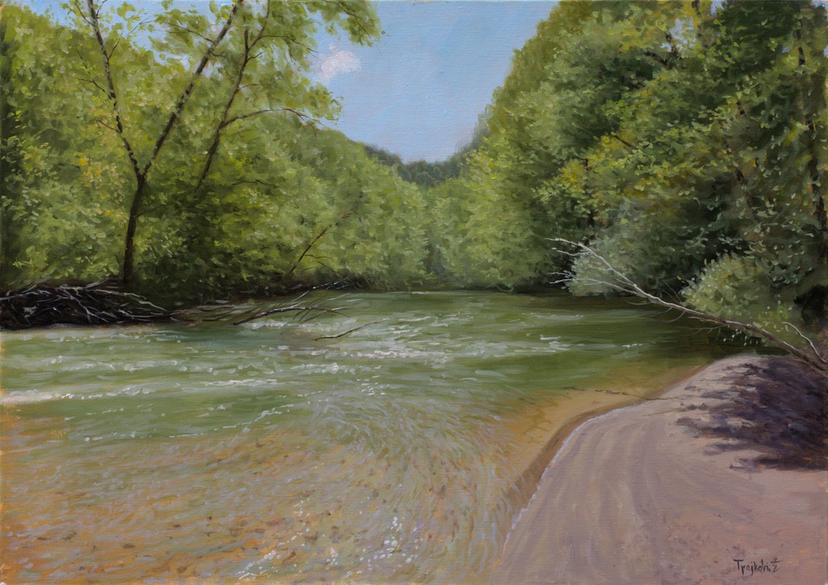 Impressionistic Landscape Oil Painting By Dejan Trajkovic, 34 X 26, Green Day, Original Artwork