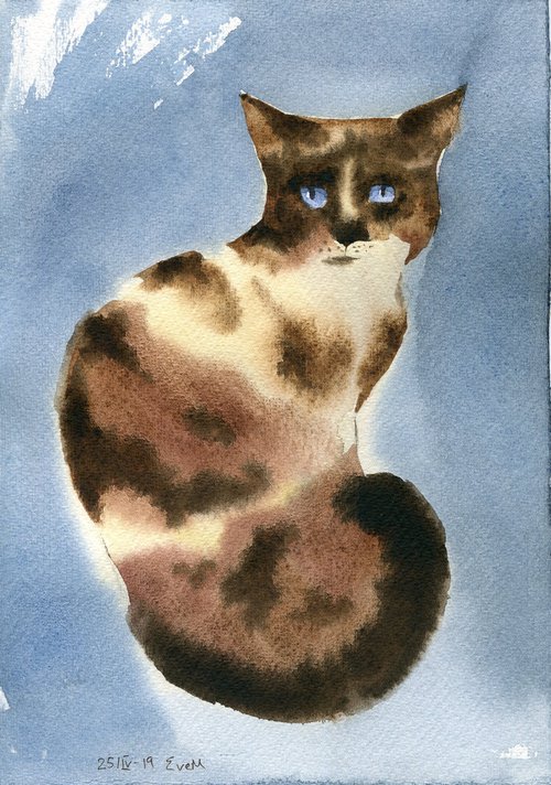 Cat life. Portrait of a blue-eyed spotted cat. Original watercolor artwork. by Evgeniya Mokeeva
