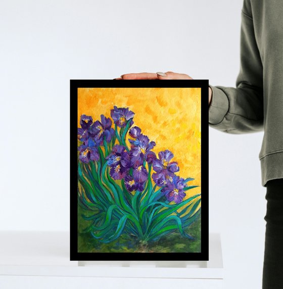 Purple Irises Expressionist acrylic painting on canvas 12"x 16"