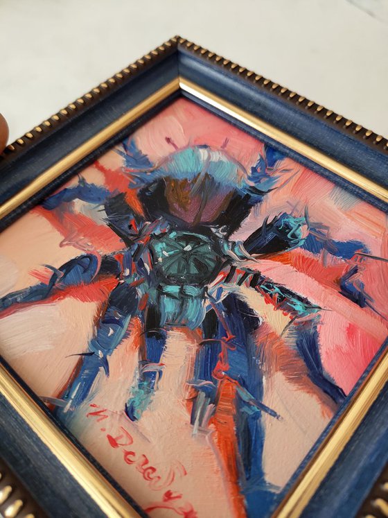 Lowbrow art painting spider, Spider artwork in frame, Spider Dark picture frame, Blue spider wall art