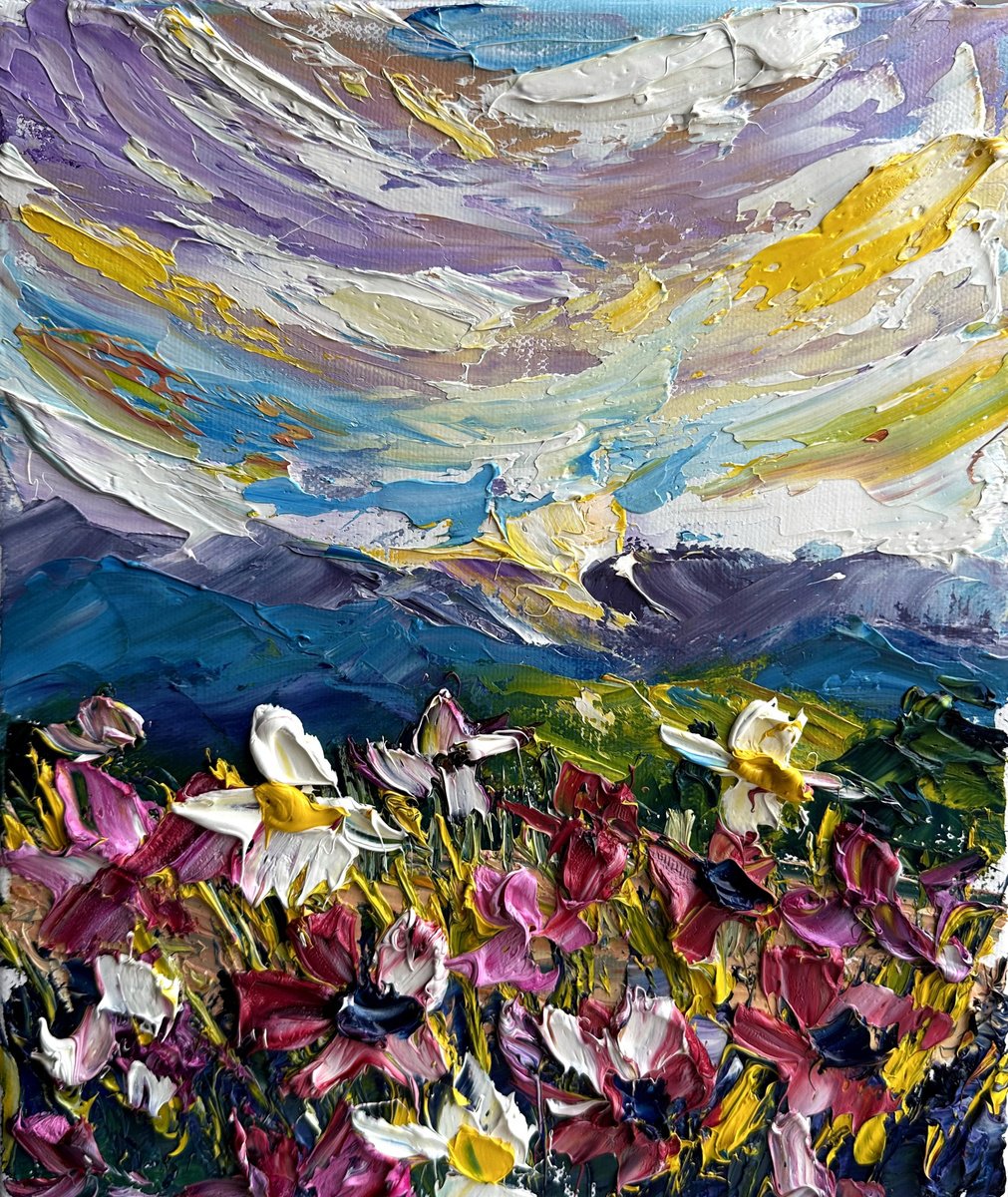 Impressionistic Landscape Oil Painting By Oksana Fedorova, 10 X 12", Sunset Landscape Flowers, Original Artwork