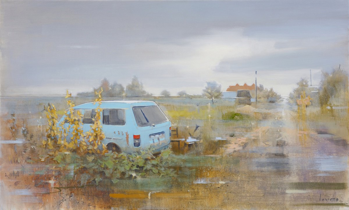 Impressionistic Landscape Oil Painting By Alexander Levich, 79 X 47, Blues For Blue Bus, Original Artwork