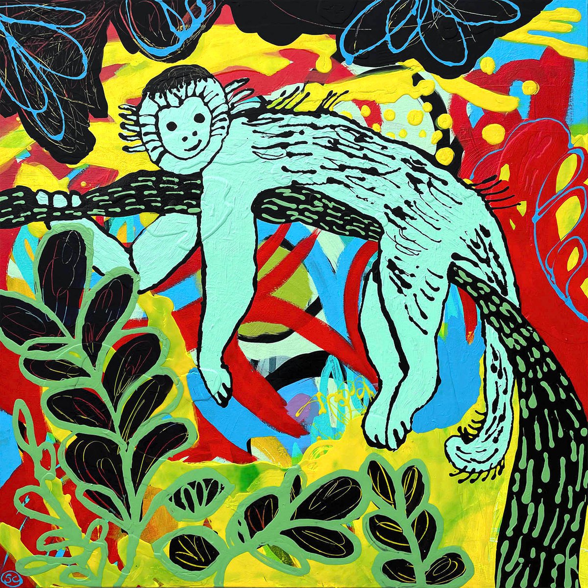 Expressive Animal Acrylic Painting By Suzie Cumming, 39 X 39", Lazy Monkey, Original Artwork