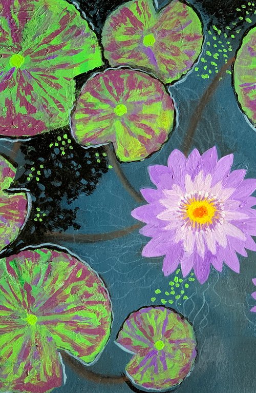 Purple water lilies pond  ! A4 Painting on paper by Amita Dand