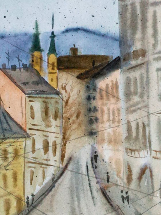 Lviv Painting Cityscape Original Art Fall Small Watercolor Autumn Artwork Home Wall Art 8 by 12" by Halyna Kirichenko