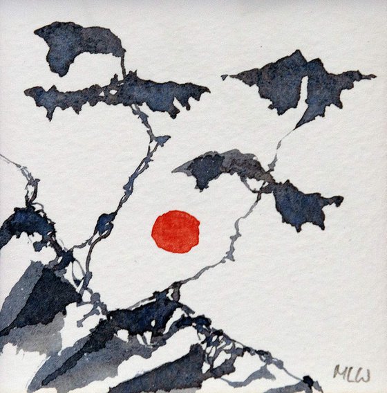 trees an a red sun small framed watercolour 1323