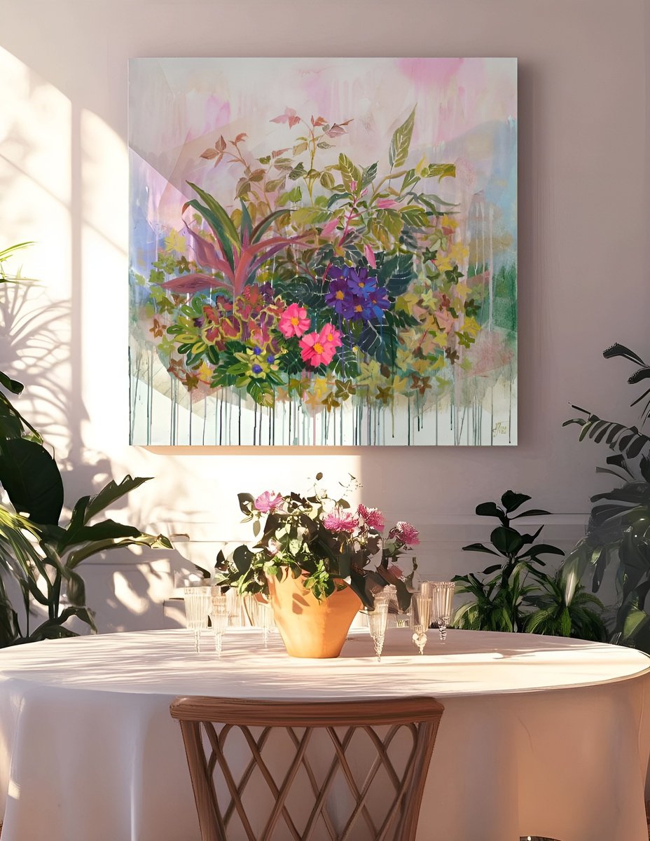 Impressionistic Botanical Acrylic Painting By Ekaterina Prisich, 39 X 39, Floral Garden, Original Artwork