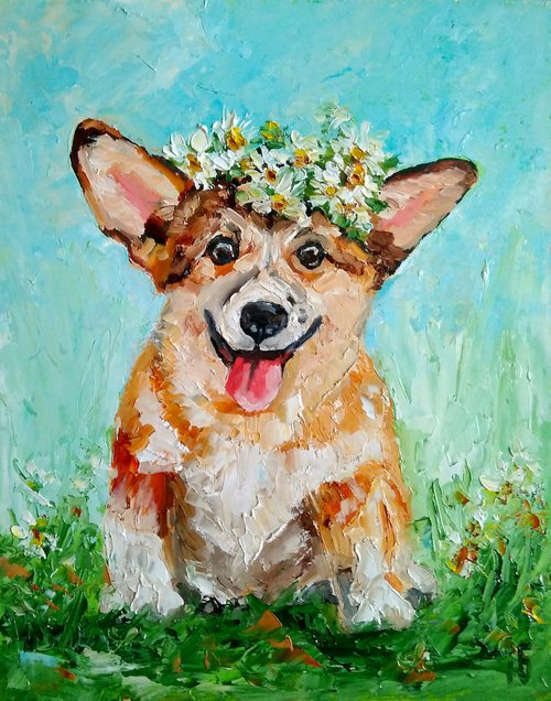Summer Smile, Smiling Corgi Painting Original Art Dog Artwork Pet Portrait Floral Daisies Wreath Wall Art by Yulia Berseneva