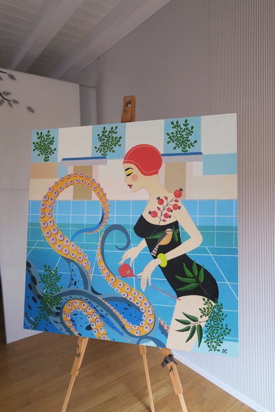 The Girl With Octopus - Tentacles - SeaLife - Swimming pool - Art-Deco - Natatorium, XL LARGE PAINTING