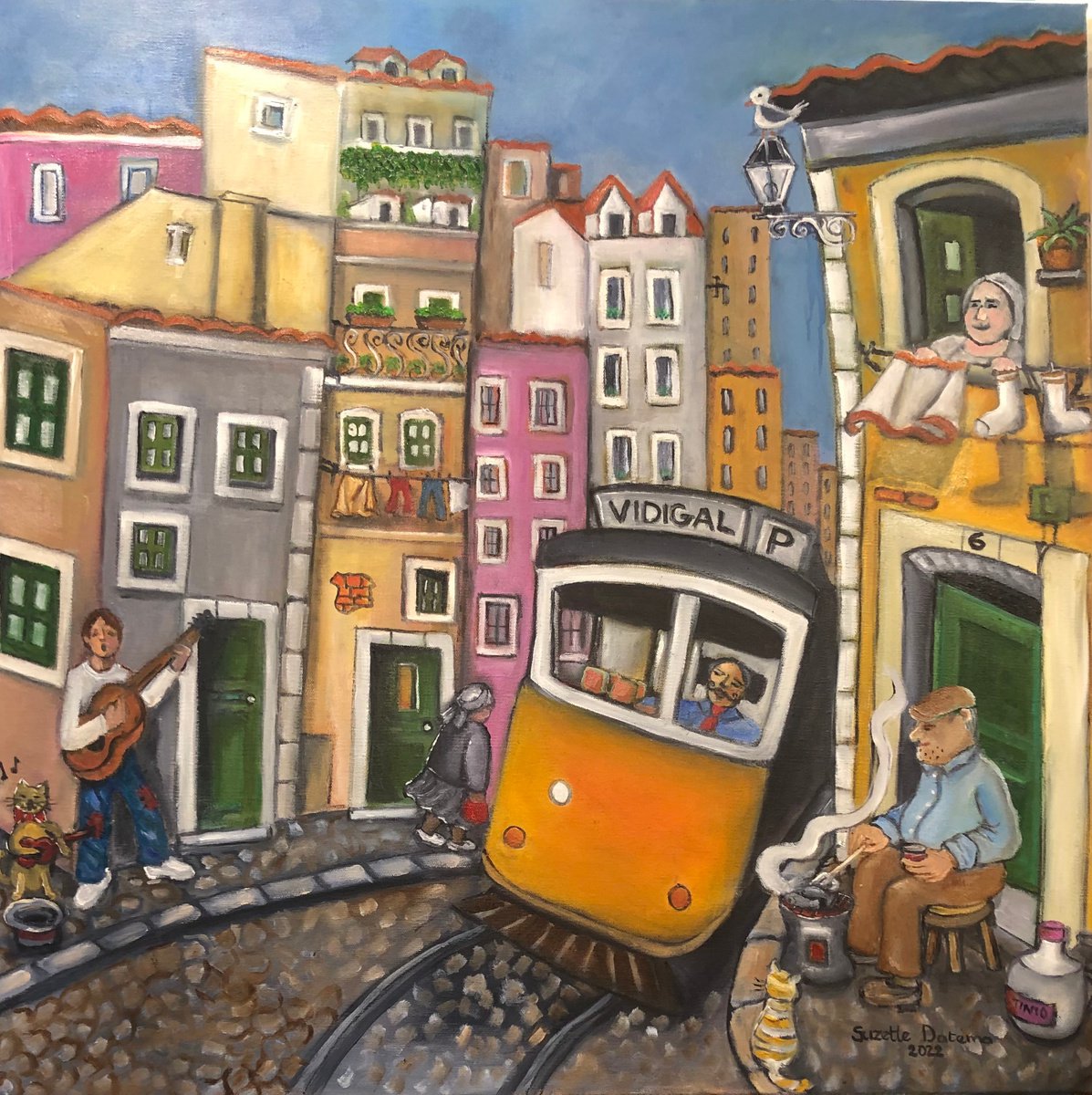 Naive Cityscapes Painting By Suzette Datema, 30 X 30", A Tribute To Porta 6 Wine, Original Artwork