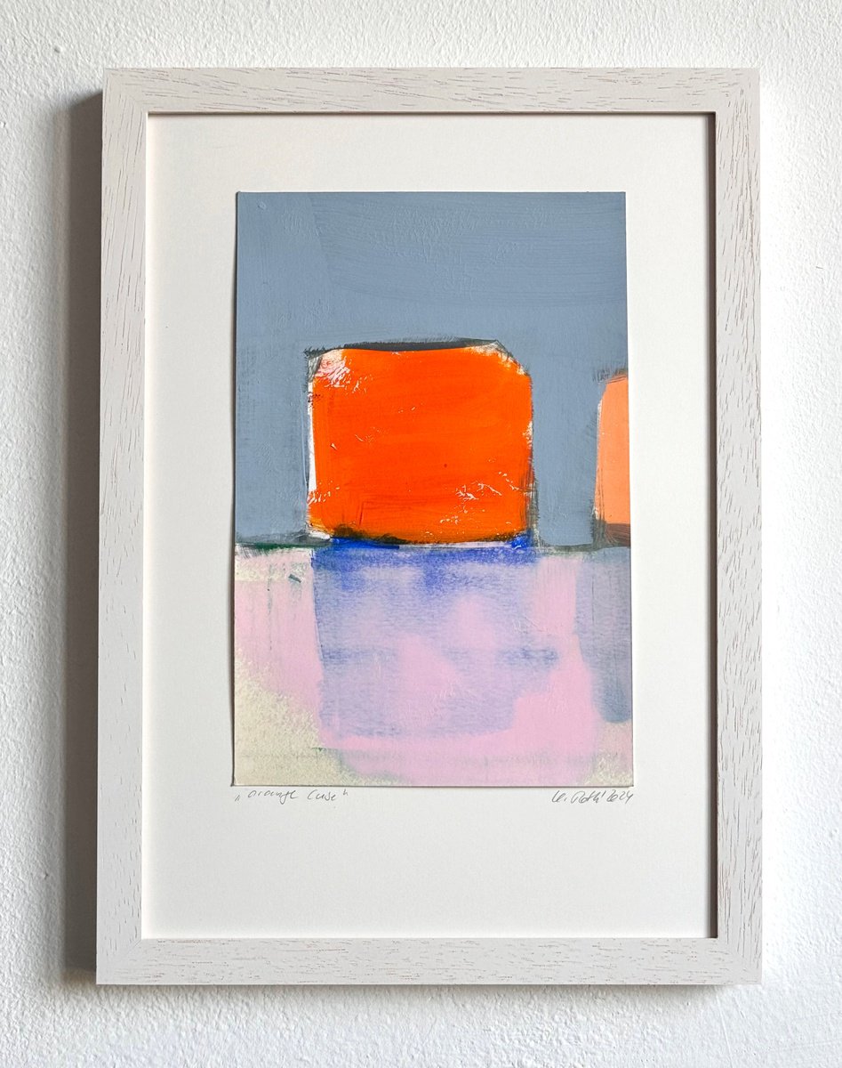 Geometric Cityscapes Acrylic Painting By Katrin Roth, 8 X 12", Orange Cube, Original Artwork
