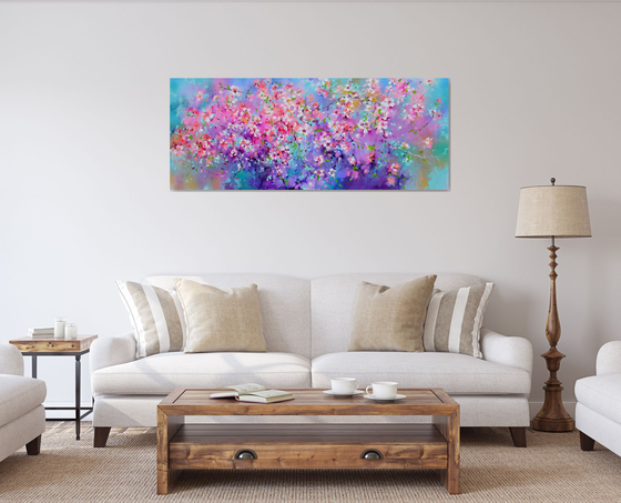 I've Dreamed 55 - Sakura Colorful Blossom - 150x60 cm, Palette Knife Modern Ready to Hang Floral Painting - Flowers Field Acrylics Painting