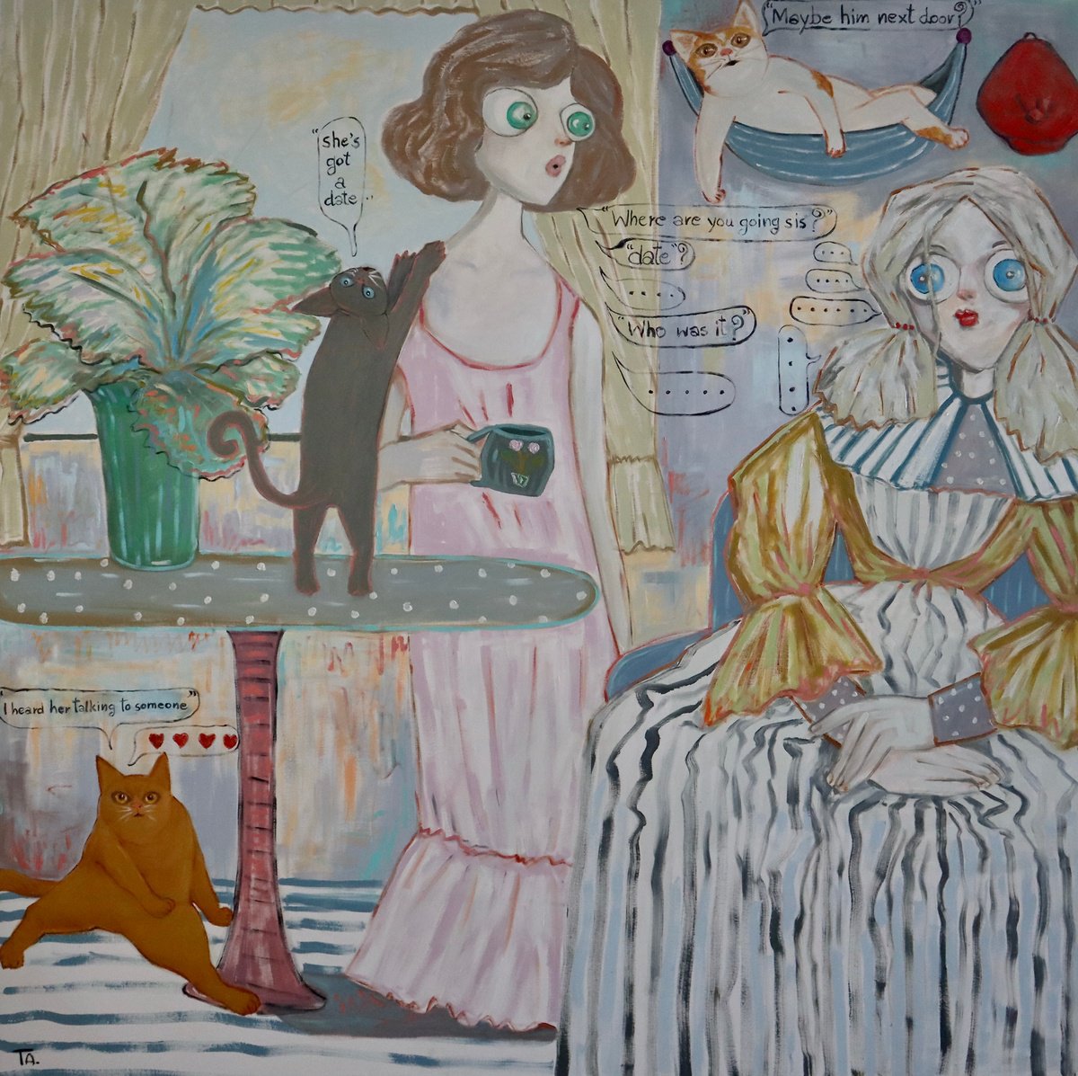 Surrealistic Portrait Oil Painting By Ta Byrne, 79 X 79", Sisters, Original Artwork