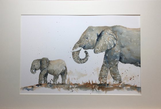 Elephant mother and baby - commission